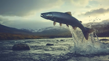 A stunning salmon leaps gracefully from a shimmering river, creating a beautiful splash as sunlight casts a golden hue over the picturesque landscape.の素材