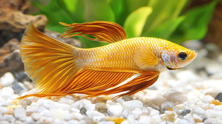 A stunning golden betta fish swims gracefully among white pebbles, showcasing its vibrant colors and delicate fins, creating a serene aquarium scene.の素材