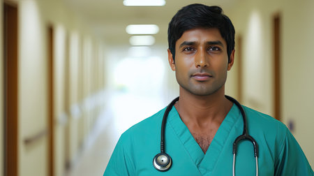 A focused healthcare worker wearing scrubs and a stethoscope stands confidently in a hospital hallway, symbolizing dedication to patient care and health services.の素材