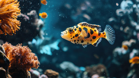 A vibrant spotted fish glides gracefully through a lively coral reef, showcasing its unique patterns amid a colorful underwater environment filled with marine life.の素材