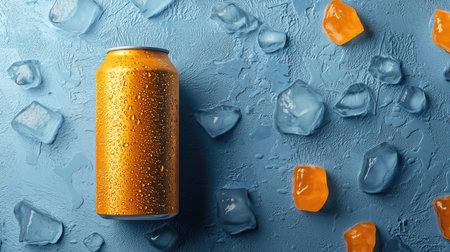 A striking bright orange beverage can stands on a blue textured surface, surrounded by ice cubes and hints of water droplets. Perfect for summer refreshment.の素材