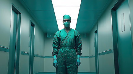 A medical professional stands confidently in a well-lit hospital corridor, wearing surgical scrubs and a mask, symbolizing dedication and safety in healthcare.の素材