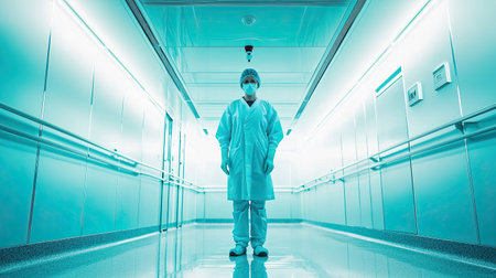 A healthcare professional stands alone in a bright hospital corridor, reflecting the importance of hygiene and safety in medical environments, with a focus on patient care.の素材