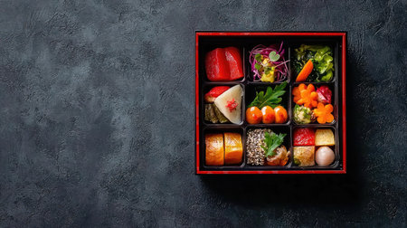 A beautifully presented traditional bento box featuring a vibrant assortment of Japanese dishes, highlighting the art of culinary design and fresh ingredients.の素材