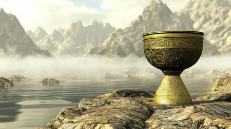 A stunning golden goblet rests on a rocky shore, surrounded by majestic mountains and tranquil water. Perfect for themes of adventure and mystique.の素材