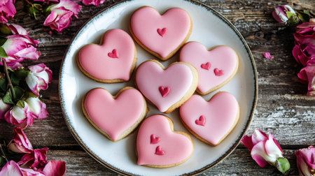 A charming display of heart-shaped cookies in soft pink icing, surrounded by delicate roses. Perfect for romantic occasions, parties, and festive celebrations.の素材