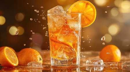 A vibrant glass of refreshing citrus beverage showcases ice cubes and orange slices. The photo captures the dynamic splash, evoking summer enjoyment.の素材