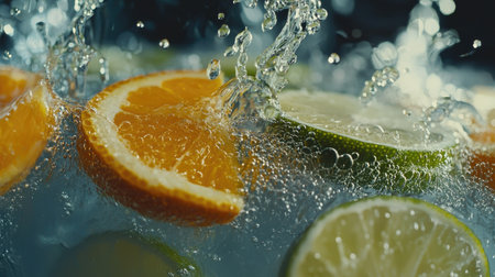 Vibrant slices of citrus fruit create a stunning splash as they hit the water, capturing a refreshing moment perfect for summer drinks or healthy lifestyle imagery.の素材