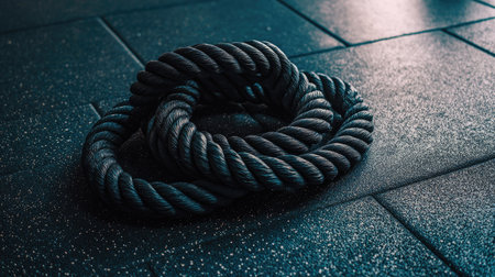 A thick black rope coiled neatly on a gym floor, showcasing its textured surface against a vibrant background. Ideal for fitness training and workout themes.の素材