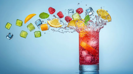A vibrant glass of sparkling fruit drink bursting with ice cubes and fresh ingredients, showcasing a dynamic splash of colors for a refreshing summer vibe.の素材