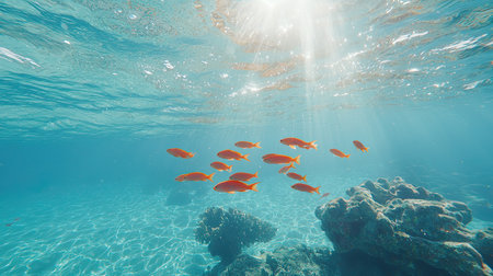 A mesmerizing view of a vibrant school of orange fish swimming gracefully in sunlit, clear ocean waters. Ideal for nature enthusiasts.の素材