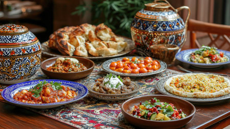 Indulge in a vibrant display of traditional Middle Eastern cuisine featuring assorted flavorful dishes, fresh ingredients, and rich cultural decor, inviting communal enjoyment.の素材