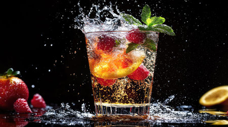 A dynamic shot capturing a refreshing drink with citrus and berries splashing in a glass. The vibrant colors and dramatic movement evoke summer enjoyment.の素材