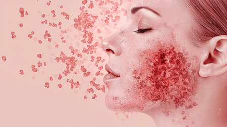 This artistic portrait features a woman with a creative skin design, showcasing colorful particles that blend harmoniously, enhancing beauty and elegance.の素材