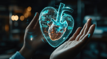 A captivating visual of a holographic human heart held in hands, illustrating the intersection of technology and healthcare. Ideal for medical and scientific projects.の素材