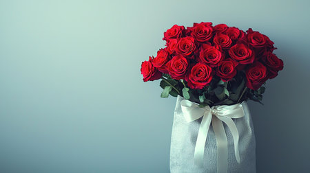A stunning display of vibrant red roses arranged in an elegant white bag tied with a ribbon, perfect for romantic gifts or festive decoration.の素材
