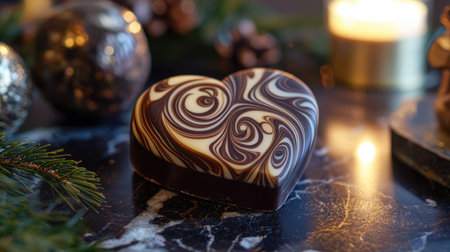 A heart-shaped chocolate piece with beautiful swirls, resting on a dark marble surface. Warm candlelight enhances the cozy and festive atmosphere, making it perfect for romance.の素材