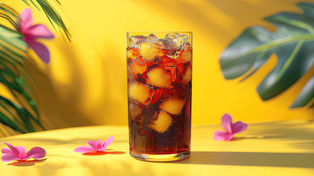 This image showcases a refreshing cold beverage served in a glass filled with ice, set against a vibrant yellow background surrounded by tropical elements.の素材