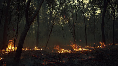 A dramatic scene of a forest fire showcases the destructive power of flames consuming trees, surrounded by thick smoke as nature endures a crisis.の素材