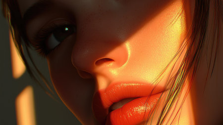 A close-up portrait of a young woman showcasing stunning skin texture and a captivating expression illuminated by soft light and shadow.の素材