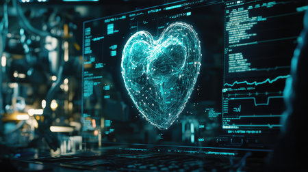 A striking digital representation of a heart shape amidst high-tech data elements, symbolizing love and health in a modern, futuristic setting.の素材