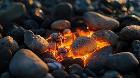 Bright embers glow between smooth pebbles, creating a warm ambiance on a rocky shoreline. The interplay of firelight and stones evokes a tranquil outdoor atmosphere.の素材