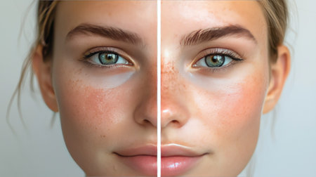 Explore the stunning transformation of beauty through a side-by-side portrait highlighting natural skin. The image showcases unique features, glowing skin, and captivating expressions that celebrate individual beauty.の素材