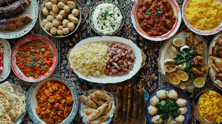 A vibrant display of traditional dishes showcases an array of flavors and textures served on an ornate tablecloth. Perfect for cultural celebrations or food photography.の素材