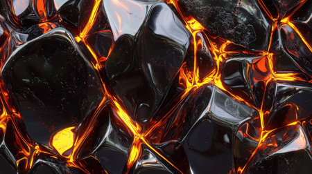 Close-up view of shiny black rocks with glowing lava flow illuminating the scene. The unique texture and vibrant colors represent volcanic energy and natural beauty.の素材