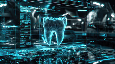 A stunning digital visualization of a tooth within a futuristic medical environment, showcasing advanced technology for dental diagnostics and treatment.の素材