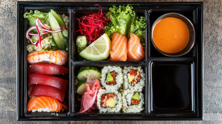 A vibrant sushi bento box featuring fresh salmon, tuna, and a variety of vegetables, beautifully arranged for a delightful dining experience. Perfect for sushi lovers.の素材
