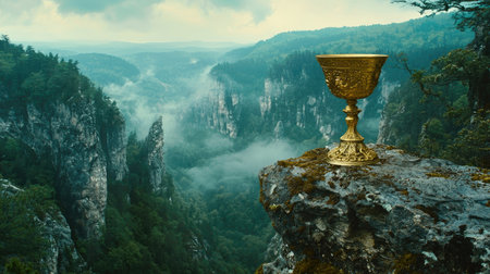 A stunning golden chalice rests on a rocky cliff, overlooking a misty valley surrounded by towering forests and mountains. The scene evokes mystery and tranquility.の素材