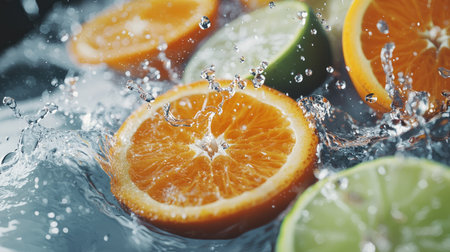 Dynamic scene of fresh citrus slices, including orange and lime, splashing into clear water, creating a refreshing and vibrant atmosphere perfect for food photography.の素材