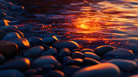 Serene image of a water surface glowing under sunset light, surrounded by smooth pebbles. A perfect representation of nature calm beauty and tranquility.の素材