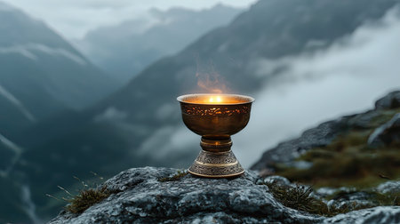 An antique bronze bowl emits a gentle smoke on a misty mountain top, creating a tranquil atmosphere perfect for meditation and reflection amid nature beauty.の素材
