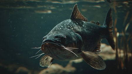 A vibrant close-up view of a solitary fish gracefully swimming through a clear underwater environment, showcasing intricate details and natural beauty.の素材