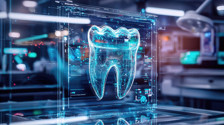 A futuristic digital hologram of a tooth in a dental laboratory, showcasing advanced technology and data visualization for medical and dental applications.の素材