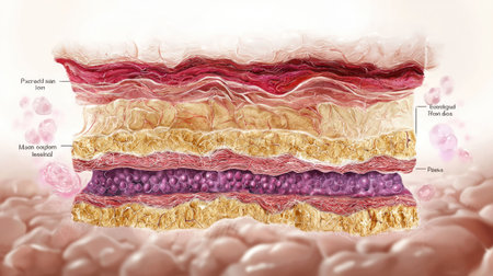 This illustration showcases the intricate layers of human skin, highlighting epidermis, dermis, and subcutaneous fat. Perfect for educational and scientific use.の素材