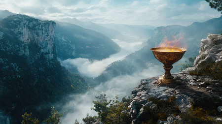 A striking golden chalice perched on a rocky ledge, overlooking a stunning misty valley. The scene captures the essence of adventure and tranquility in nature.の素材