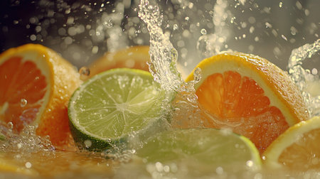 This dynamic image captures fresh citrus fruits splashing in water, creating a lively and refreshing scene that emphasizes vitality and health.の素材