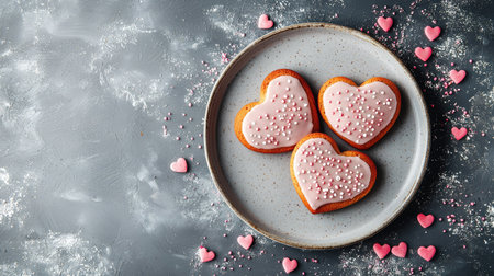 Delight in these heart-shaped cookies adorned with pink icing and sprinkles, perfect for celebrations or gifting. An appetizing dessert on a gray textured surface.の素材