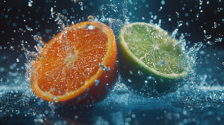 Vibrant orange and lime slices create a refreshing splash in water, showcasing the beauty and juiciness of citrus fruits. Perfect for food-related themes.の素材