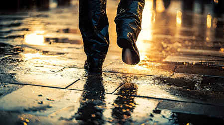 A solitary person walks on a rain-soaked street, reflecting warm golden light. The scene captures tranquility and beauty in an urban setting after rain.の素材