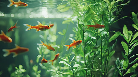 A serene underwater scene showcasing colorful tropical fish swimming among lush green aquatic plants in a well-maintained aquarium, promoting relaxation.の素材