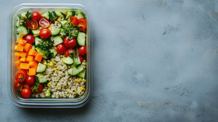 A vibrant and fresh vegetable salad featuring tomatoes, cucumbers, mango, and corn, ideal for healthy meal prep or a nutritious snack.の素材