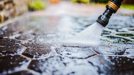 A close-up view of a hose spraying water on a stone paved garden path. The droplets create a refreshing scene, embodying outdoor maintenance and gardening.の素材