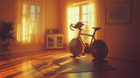 A serene indoor space featuring an exercise bike bathed in warm sunlight. The atmosphere promotes health, fitness, and relaxation, ideal for morning workouts.の素材