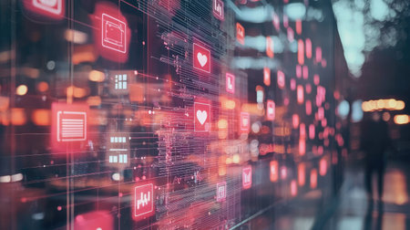 An artistic representation of a digital interface featuring glowing neon icons. The abstract design emphasizes technology, data, and connectivity trends in a modern context.の素材