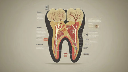Explore a detailed visual representation of human tooth anatomy showcasing the various structures, including root, nerve, and blood vessels. Ideal for educational use.の素材