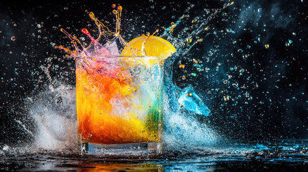 A stunning capture of a colorful drink splashing in a glass, showcasing vibrant hues and a lemon slice, perfect for summer and celebration themes.の素材